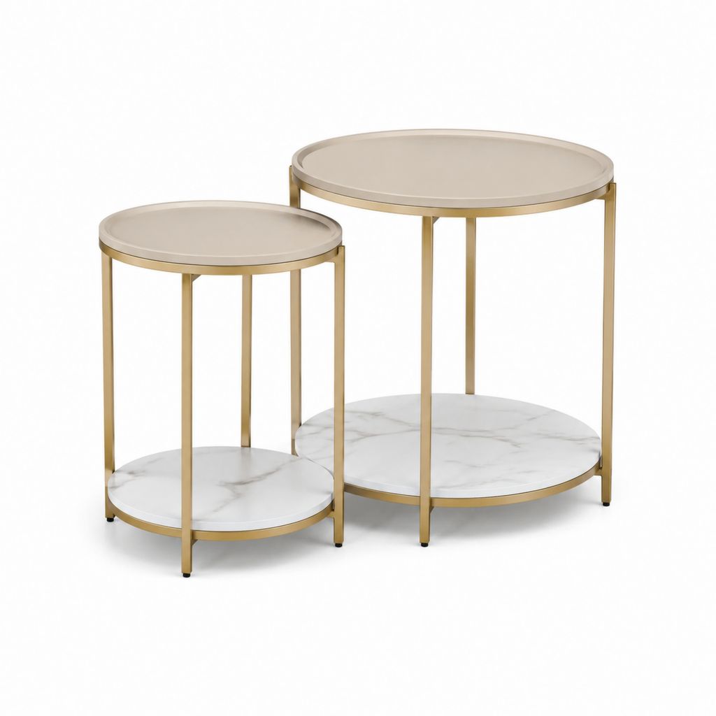 Set 2 tavolini da caffè rotondi bianco effetto marmo e oro in MDF e acciaio 60 x 55 cm e 45 x 45 cm