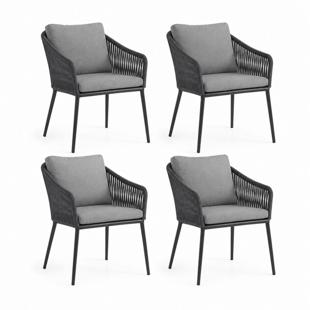 Set 4 sedie da giardino con braccioli grigio scuro in acciaio e corda 57 x 60 x 82 cm