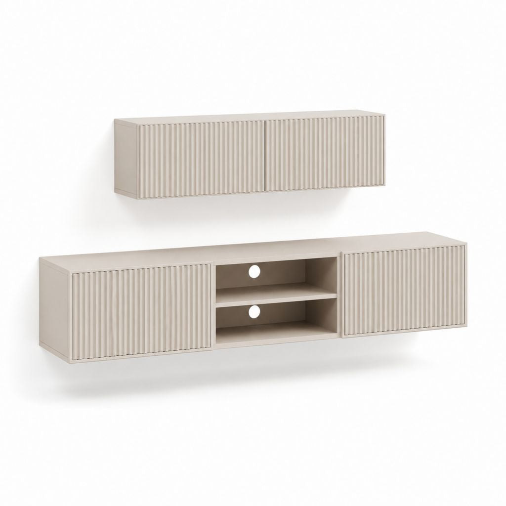 Set mobile TV sospeso con pensile beige in MDF rettangolare 180 x 40 x 45 cm e 160 x 30 x 40 cm