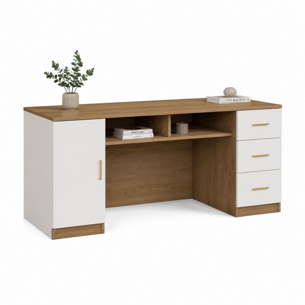Scrivania tradizionale rettangolare bianca e rovere in pannello truciolare nobilitato con anta 3 cassetti e vano aperto 140 x 60 x 75 cm