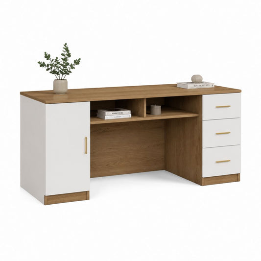 Scrivania tradizionale rettangolare bianca e rovere in pannello truciolare nobilitato con anta 3 cassetti e vano aperto 140 x 60 x 75 cm