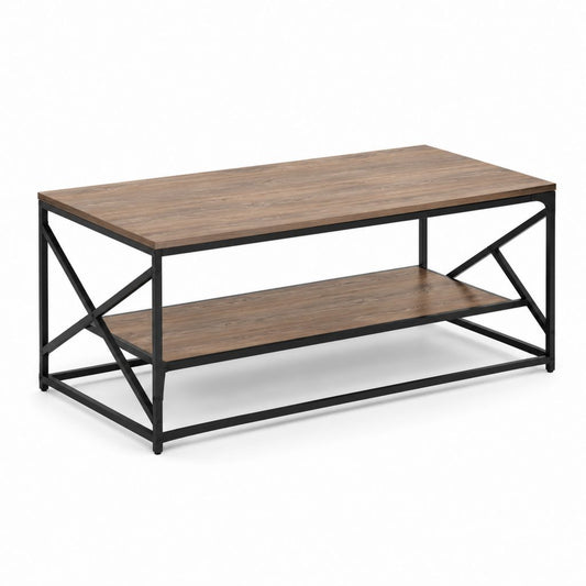 Tavolino da caffè rettangolare marrone rustico in pannello truciolare e acciaio 100 x 50 x 45 cm con ripiano inferiore