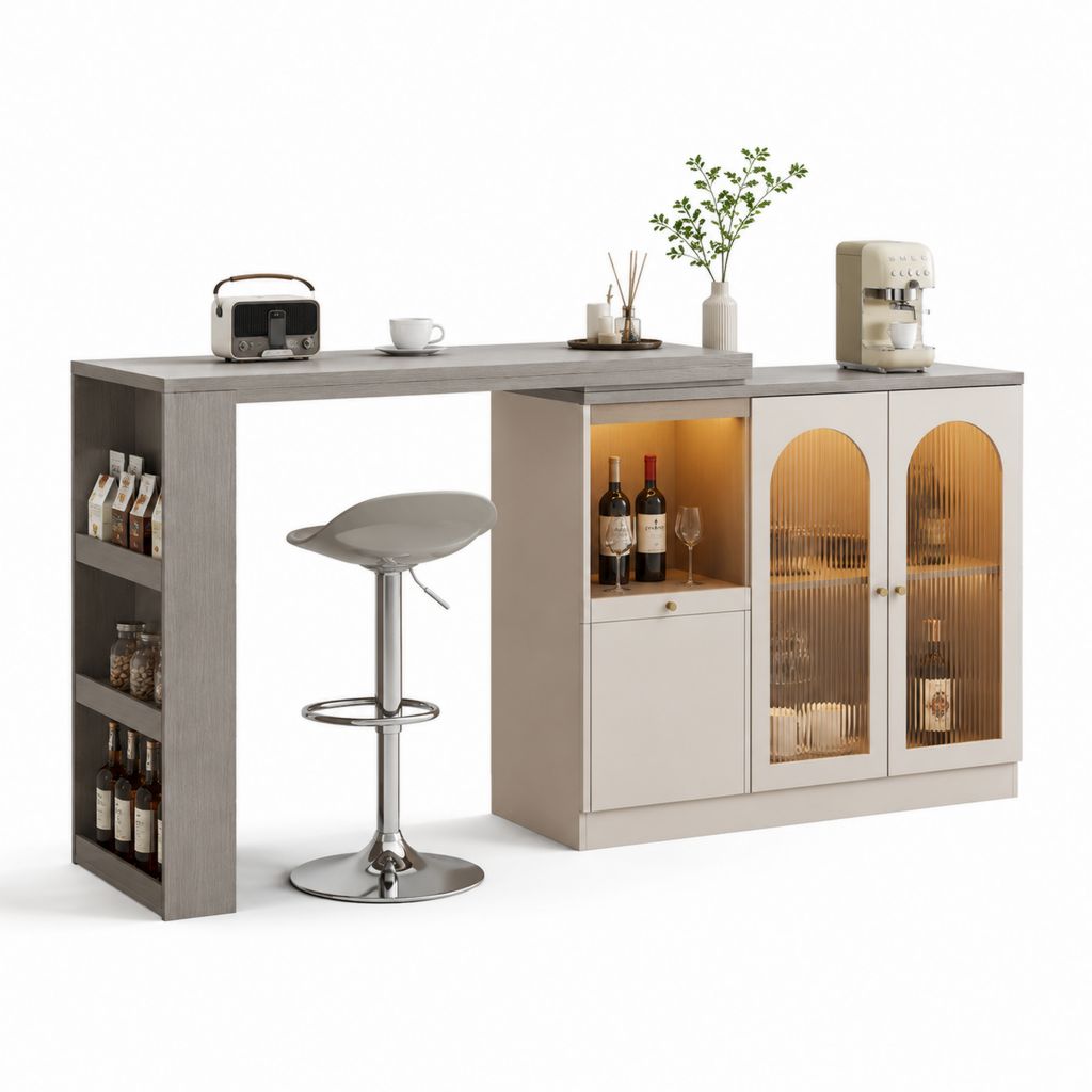 Mobile bar con bancone grigio e bianco in pannelli di truciolare con vetro temperato rigato 160 x 50 x 105 cm