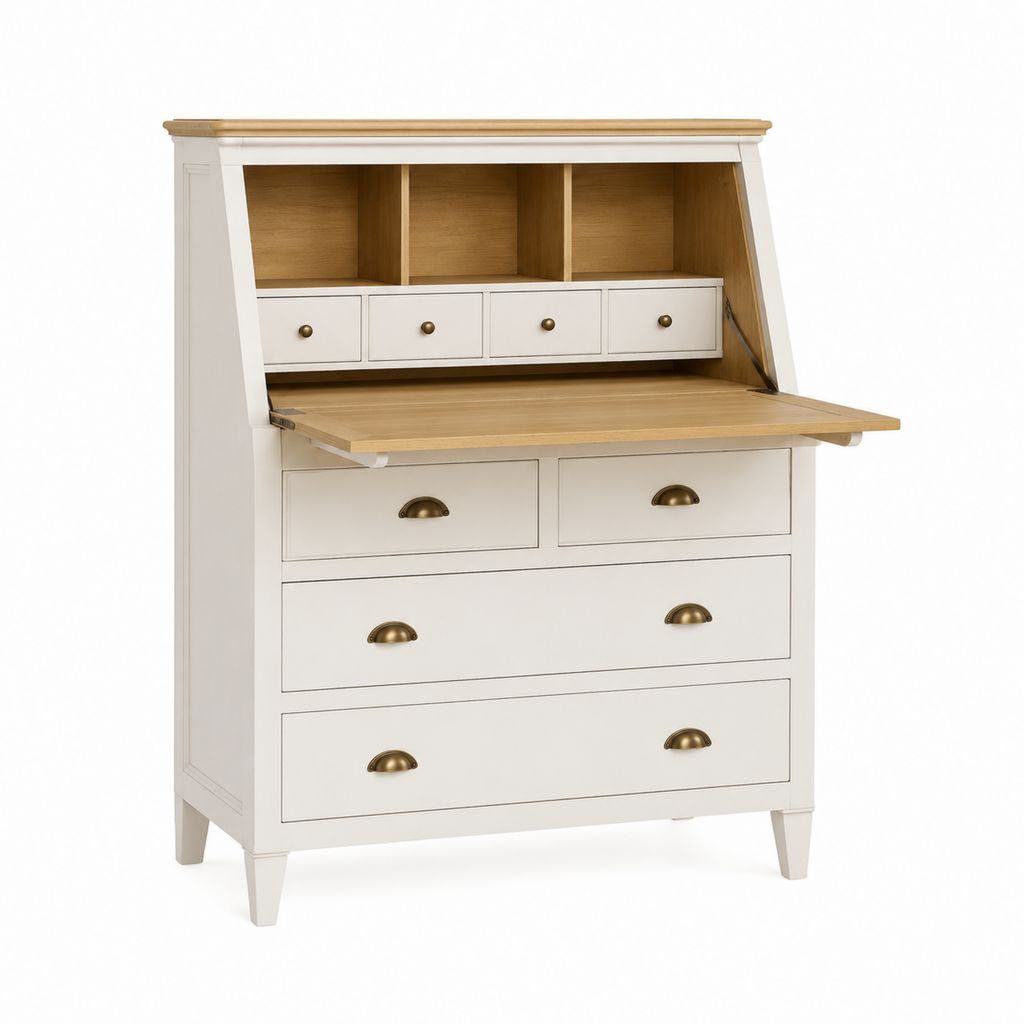 Scrivania secrétaire con ribalta bianca e rovere in MDF 90 x 45 x 120 cm