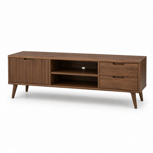 Mobile porta TV in noce impiallacciato con anta scanalata 2 cassetti e ripiani 180 x 40 x 55 cm