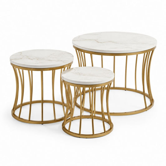 Set 3 tavolini da caffè rotondi bianchi e oro in MDF e acciaio 80 x 45 cm 60 x 40 cm 40 x 35 cm