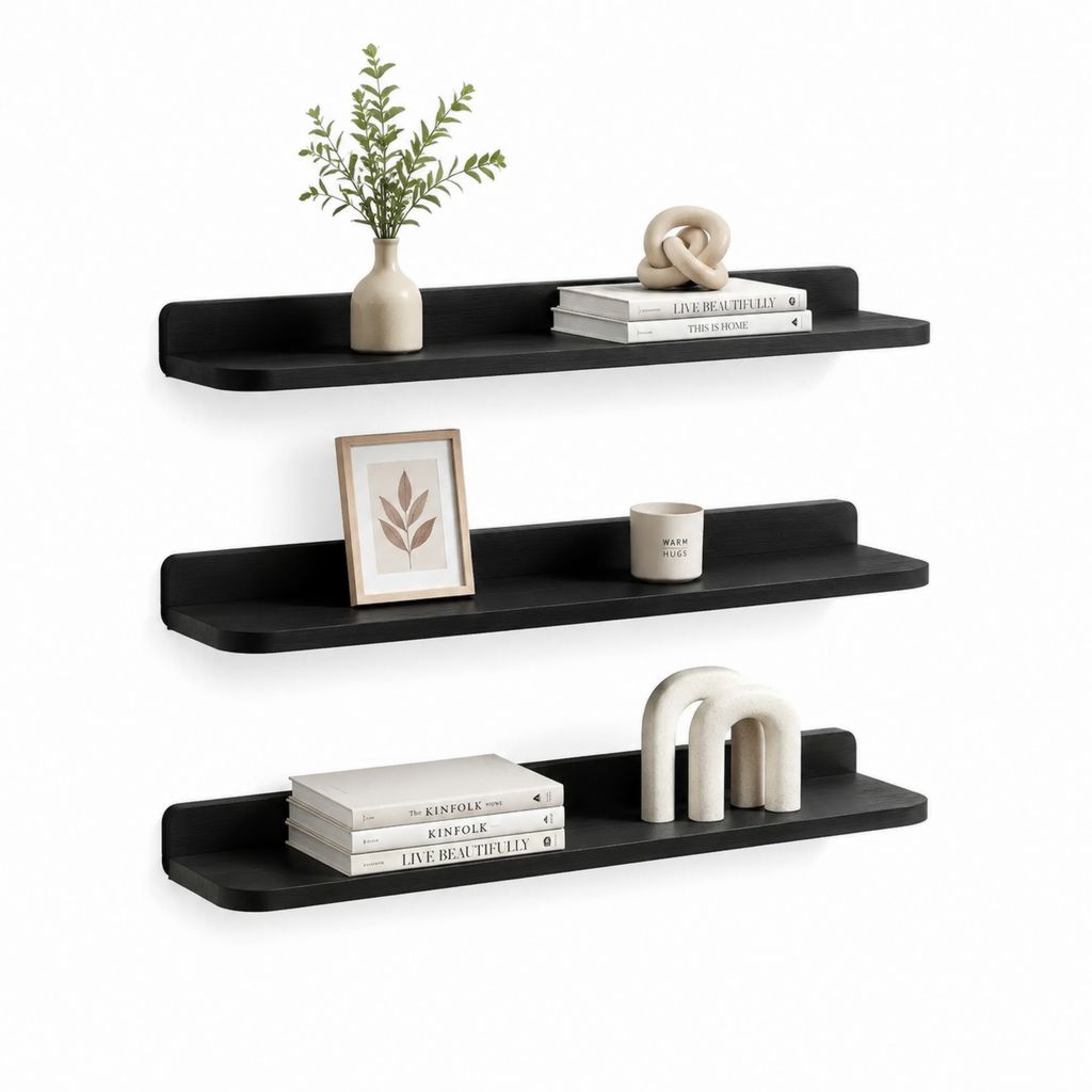 Set 3 mensole da parete nere in MDF rettangolari 60 x 15 x 10 cm