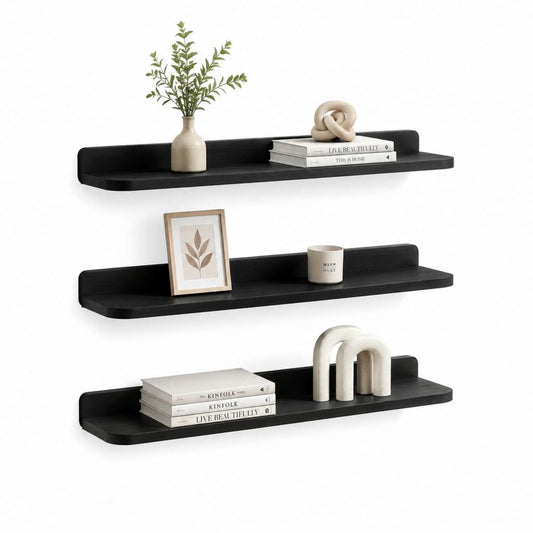 Set 3 mensole da parete nere in MDF rettangolari 60 x 15 x 10 cm