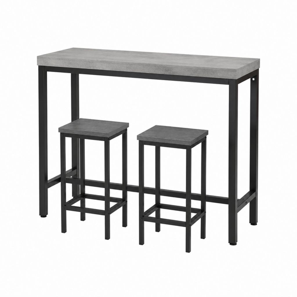 Set tavolo bar con 2 sgabelli grigio cemento e nero in MDF e acciaio 120 x 40 x 90 cm