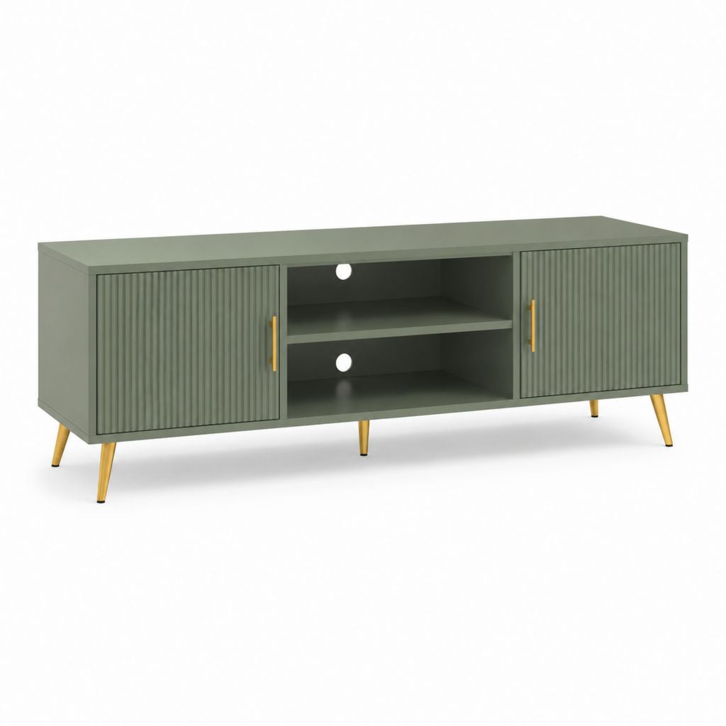 Mobile TV verde salvia in MDF rettangolare con ante e ripiani 160 x 40 x 60 cm