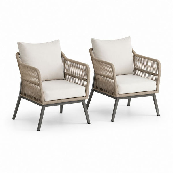 Set 2 poltrone da giardino beige in corda di polietilene e acciaio 64 x 70 x 80 cm