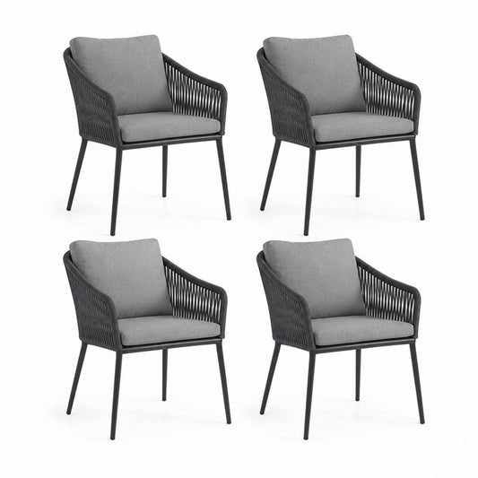 Set 4 sedie da giardino con braccioli grigio scuro in acciaio e corda 57 x 60 x 82 cm