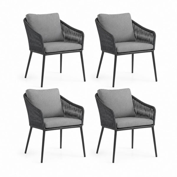 Set 4 sedie da giardino con braccioli grigio scuro in acciaio e corda 57 x 60 x 82 cm