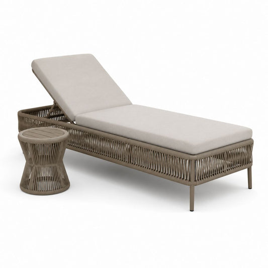 Set lettino prendisole da giardino con tavolino tortora in alluminio e corda PE 200 x 75 x 35 cm