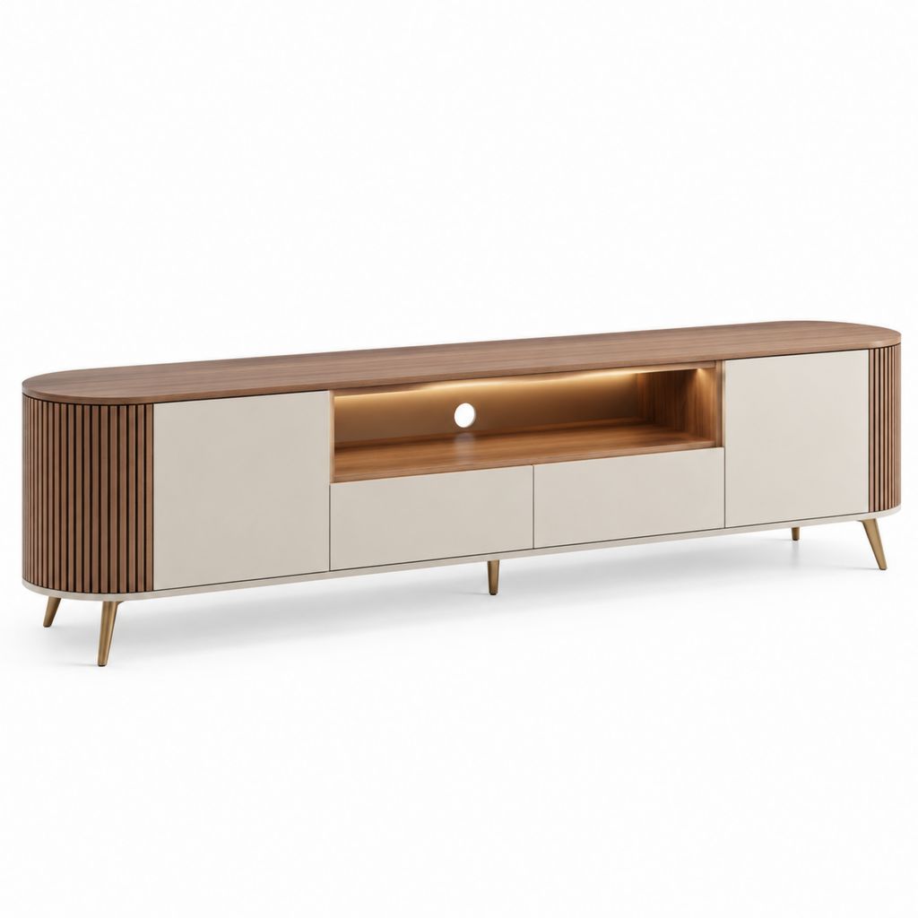 Mobile TV basso noce e beige in MDF impiallacciato con LED 200 x 40 x 55 cm