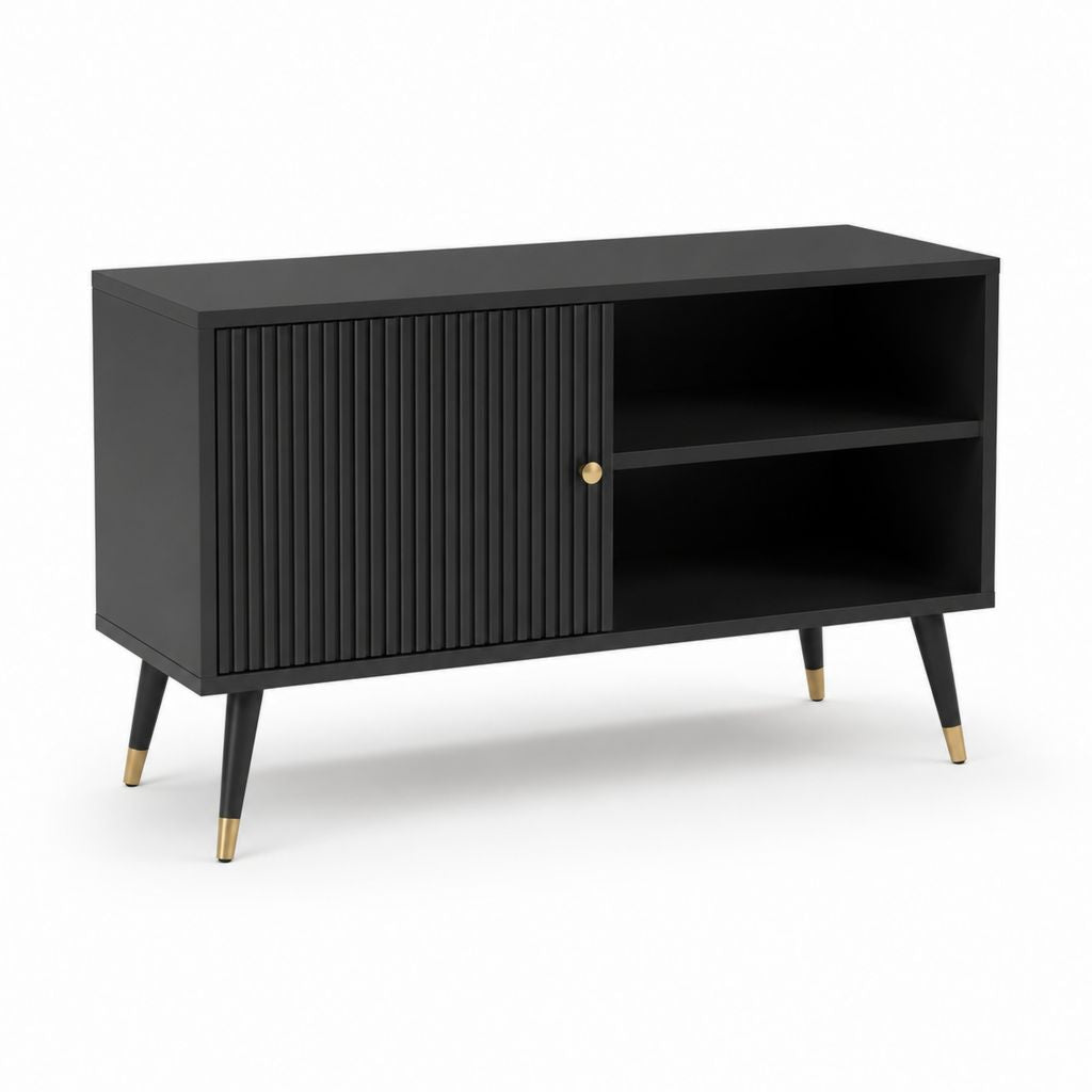 Mobile TV nero in MDF rettangolare con anta scorrevole e ripiani 120 x 40 x 70 cm
