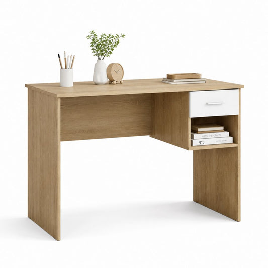 Scrivania tradizionale rettangolare rovere e bianco in pannello di particelle 120 x 60 x 75 cm con cassetto e ripiano