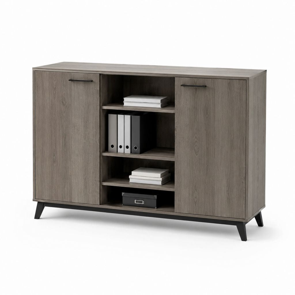 Credenza da ufficio a 2 ante con ripiani centrali grigio rovere in pannello truciolare 120 x 40 x 90 cm