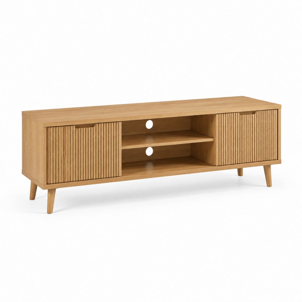 Mobile TV basso rovere con ante scanalate e vani aperti 160 x 40 x 60 cm