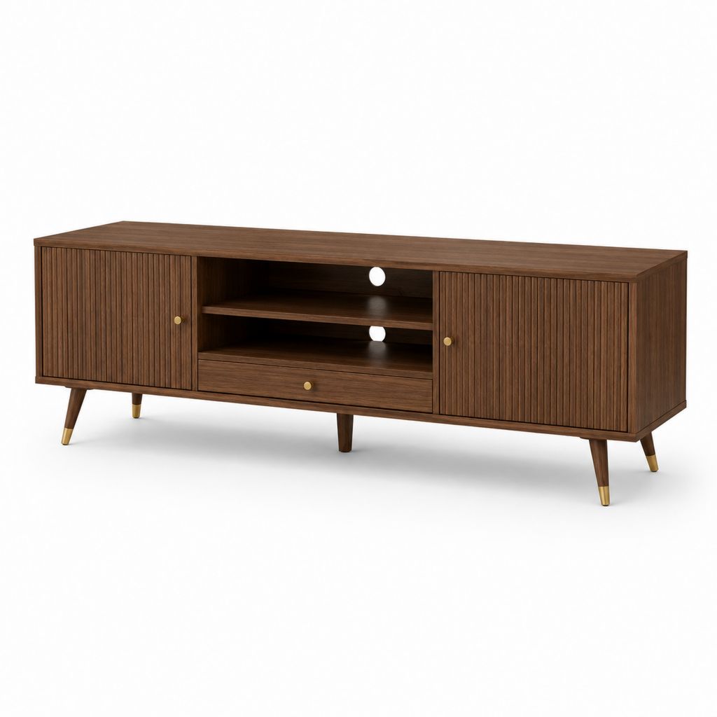 Mobile TV noce in MDF impiallacciato con ante scanalate 180 x 40 x 60 cm