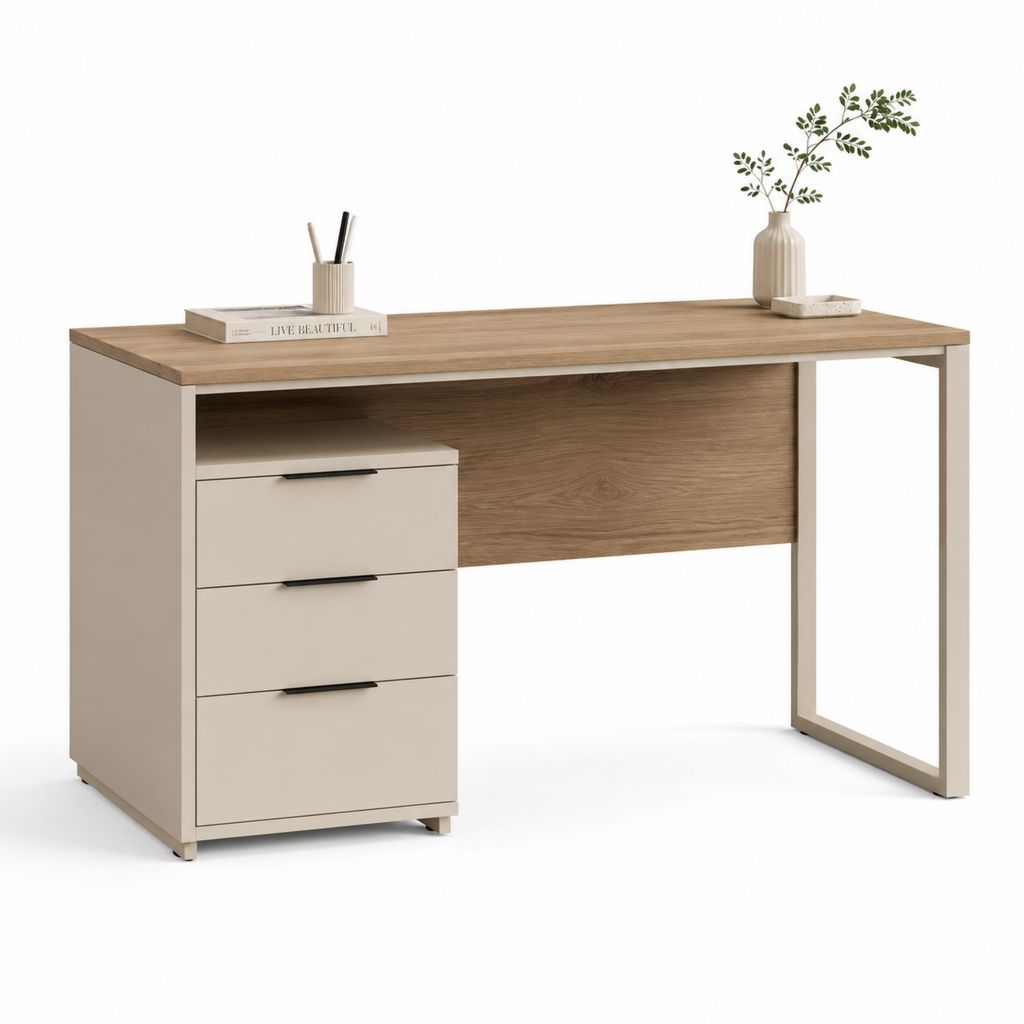 Scrivania da ufficio con 3 cassetti beige e rovere in pannello truciolare 120 x 60 x 75 cm