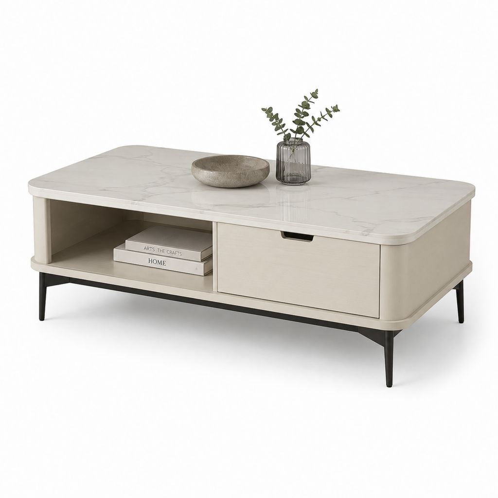 Tavolino da caffè rettangolare crema con piano in pietra sinterizzata e struttura in MDF 120 x 60 x 45 cm