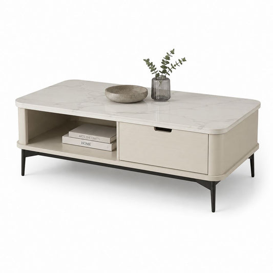 Tavolino da caffè rettangolare crema con piano in pietra sinterizzata e struttura in MDF 120 x 60 x 45 cm