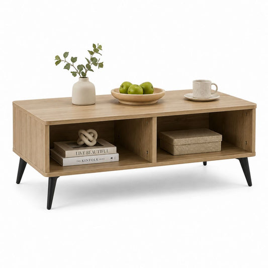Tavolino da caffè rettangolare rovere naturale in MDF 100 x 50 x 45 cm con 2 vani aperti e gambe nere