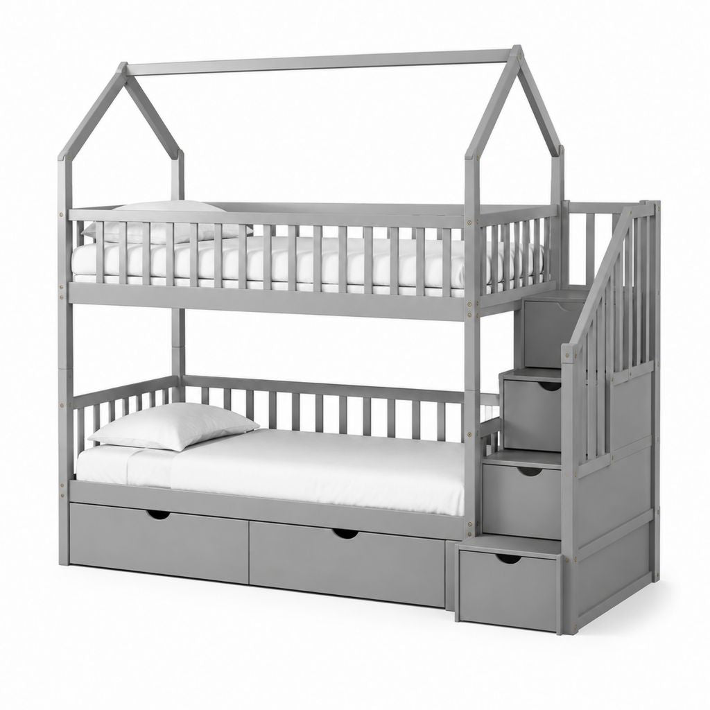 Letto a castello per bambini a forma di casa grigio in pino massello con scala contenitore e 5 cassetti 90 x 200 cm 209 x 105 x 190 cm