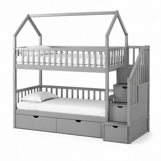 Letto a castello per bambini a forma di casa grigio in pino massello con scala contenitore e 5 cassetti 90 x 200 cm 209 x 105 x 190 cm